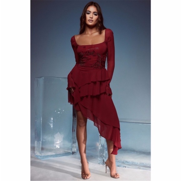 NEW House of CB Mistress Rocks Ruby Crystallised Hanky Hem Dress Medium - Picture 10 of 17